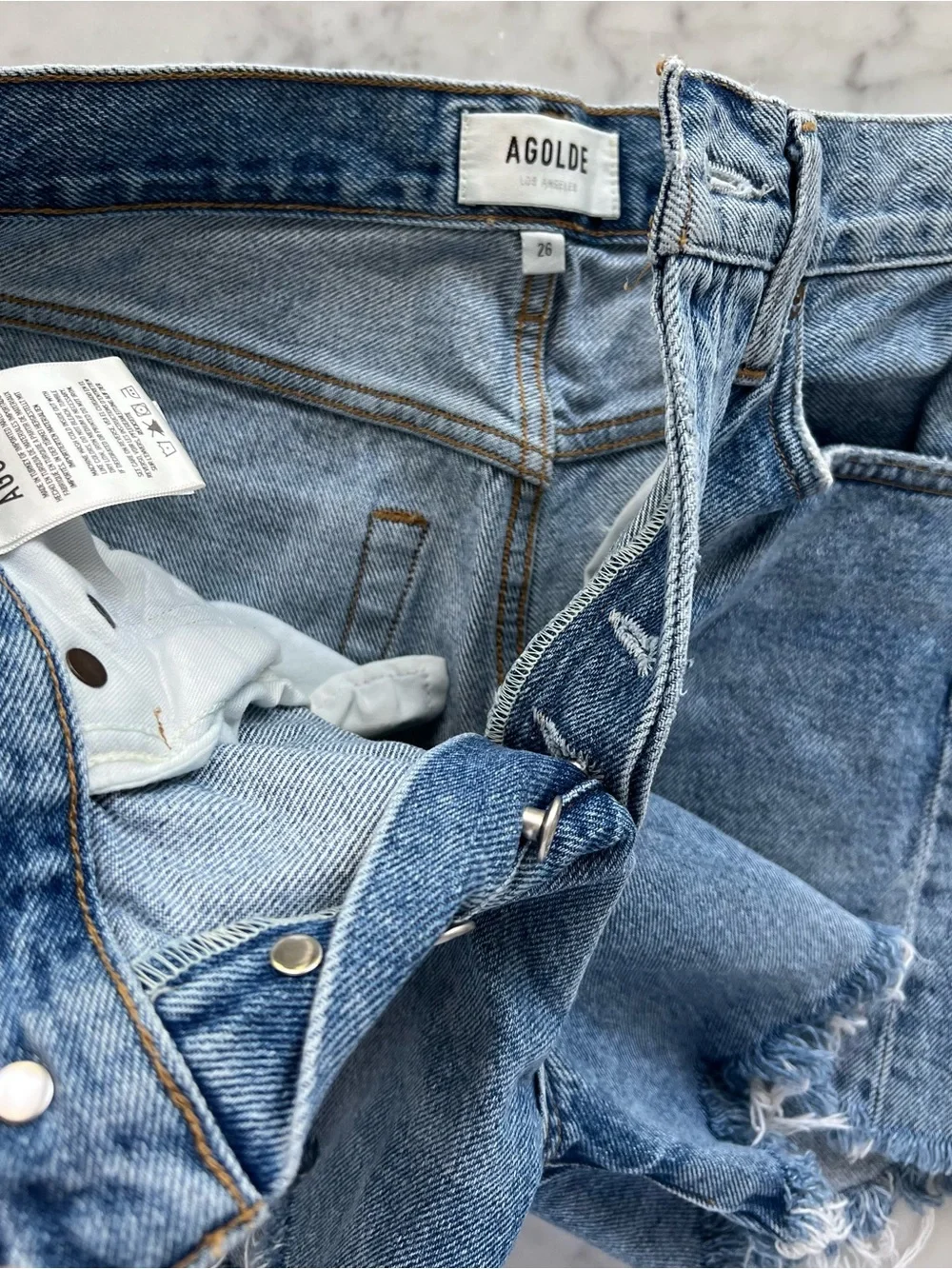 AGOLDE Parker Long High-Rise Cutoff Shorts Skywave Blue Wash Size 26